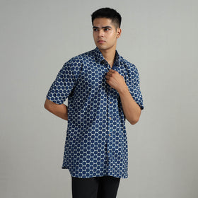 Blue - Indigo Block Printed Cotton Men Half Sleeve Shirt 03