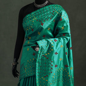 Green - Bengal Nakshi Kantha Hand Embroidered Silk Saree 55