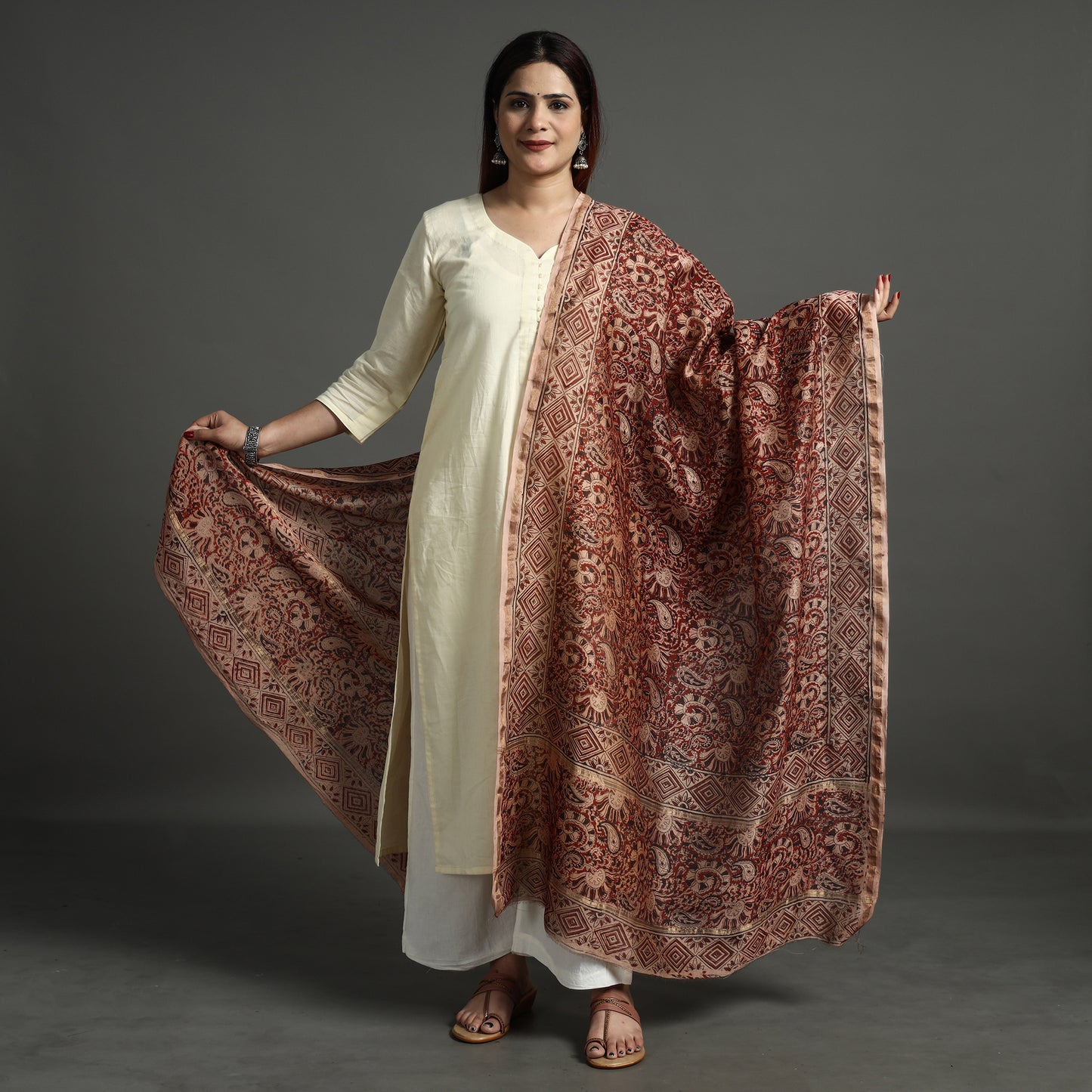 Multicolor - Pedana Kalamkari Block Printed Handloom Chanderi Silk Dupatta with Zari Border 69