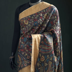 Pure Handloom Desi Tussar Silk Handpainted Srikalahasti Pen Kalamkari Saree with Zari Border 11