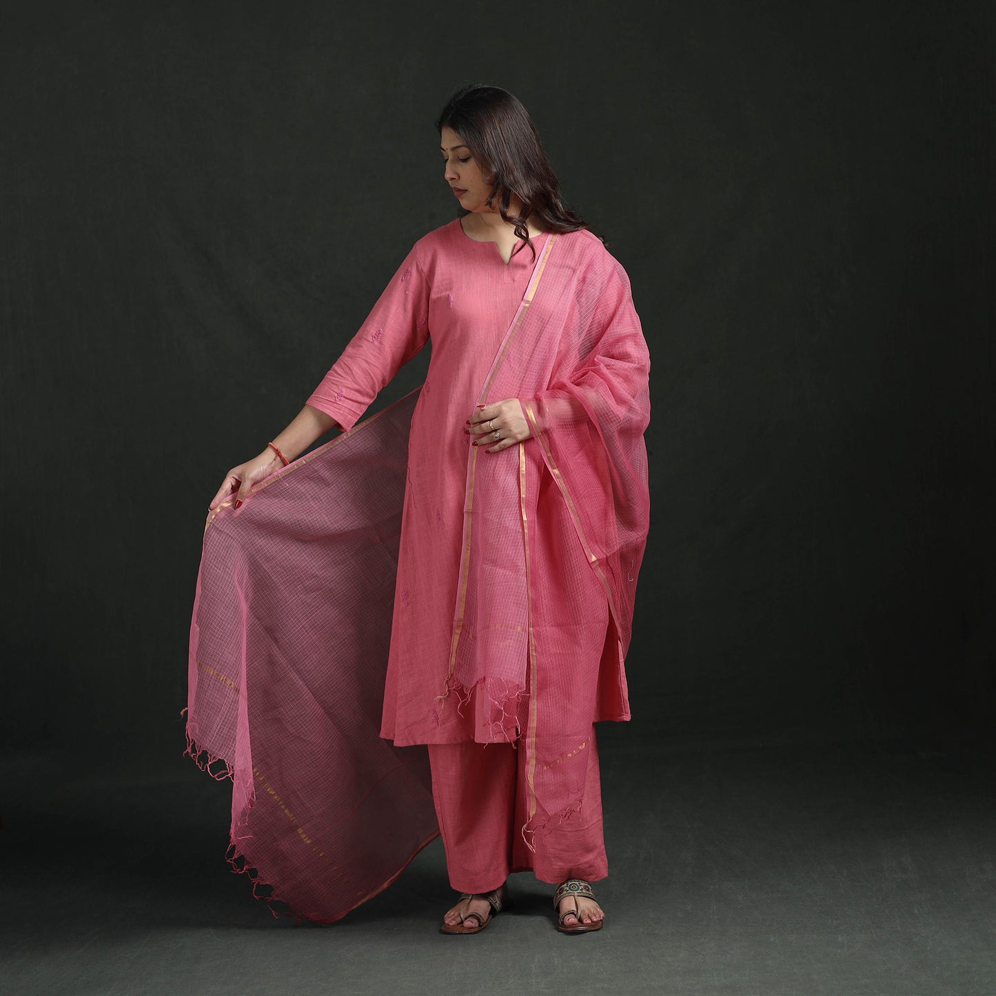 Plain Slub Cotton Hand Embroidered Suit Set with Dupatta for women 03