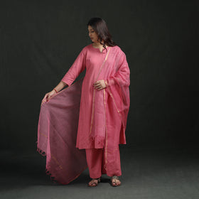 Plain Slub Cotton Hand Embroidered Suit Set with Dupatta for women 03