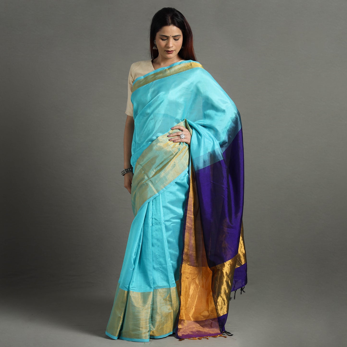 Blue - Traditional Venkatagiri Pure Handloom Silk Cotton Saree 11