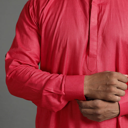 Pinkish Red - Linen Viscose Plain Men Long Pathani Kurta