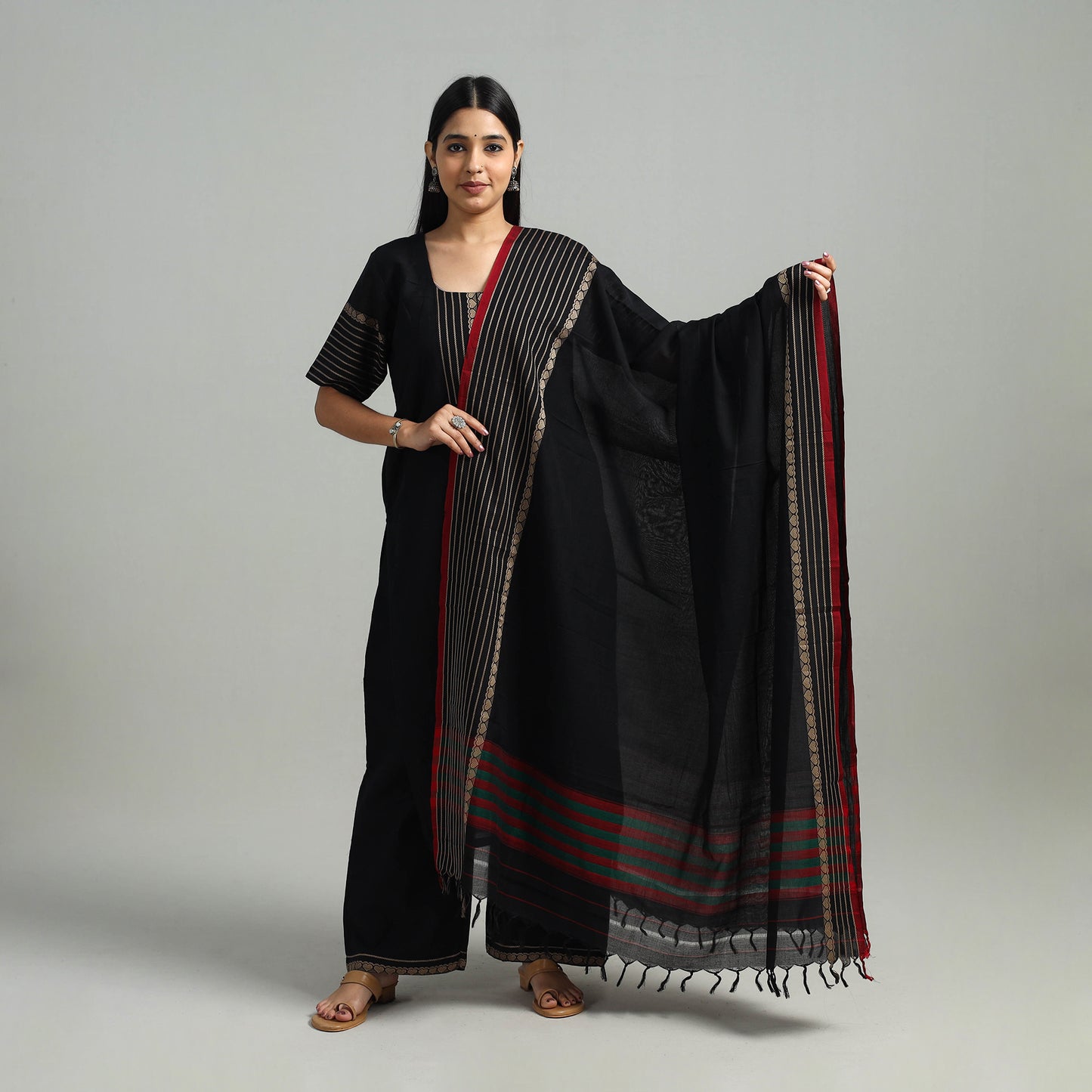 Black - Cotton Dharwad Kurta Set with Palazzo & Dupatta 03