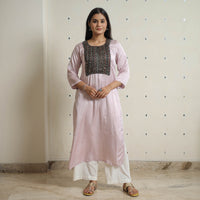 Pink - Plain Modal Silk Straight Kurta with Ajrakh Pintuck Patchwork 01