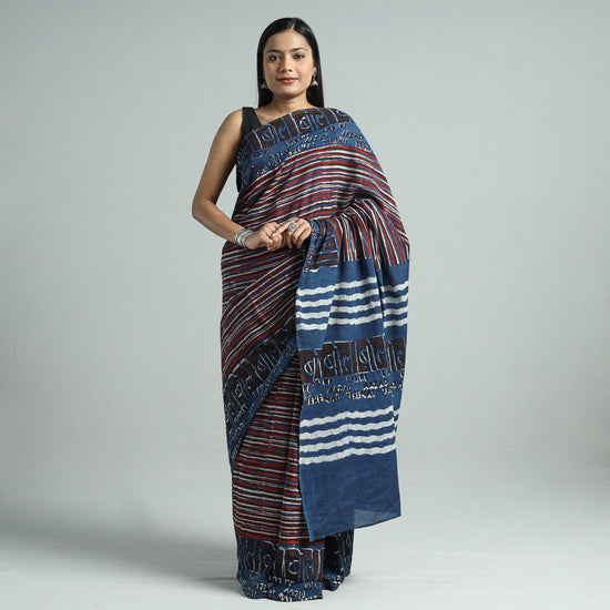 Blue - Bindaas Art Block Printed Natural Dyed Cotton Saree 31