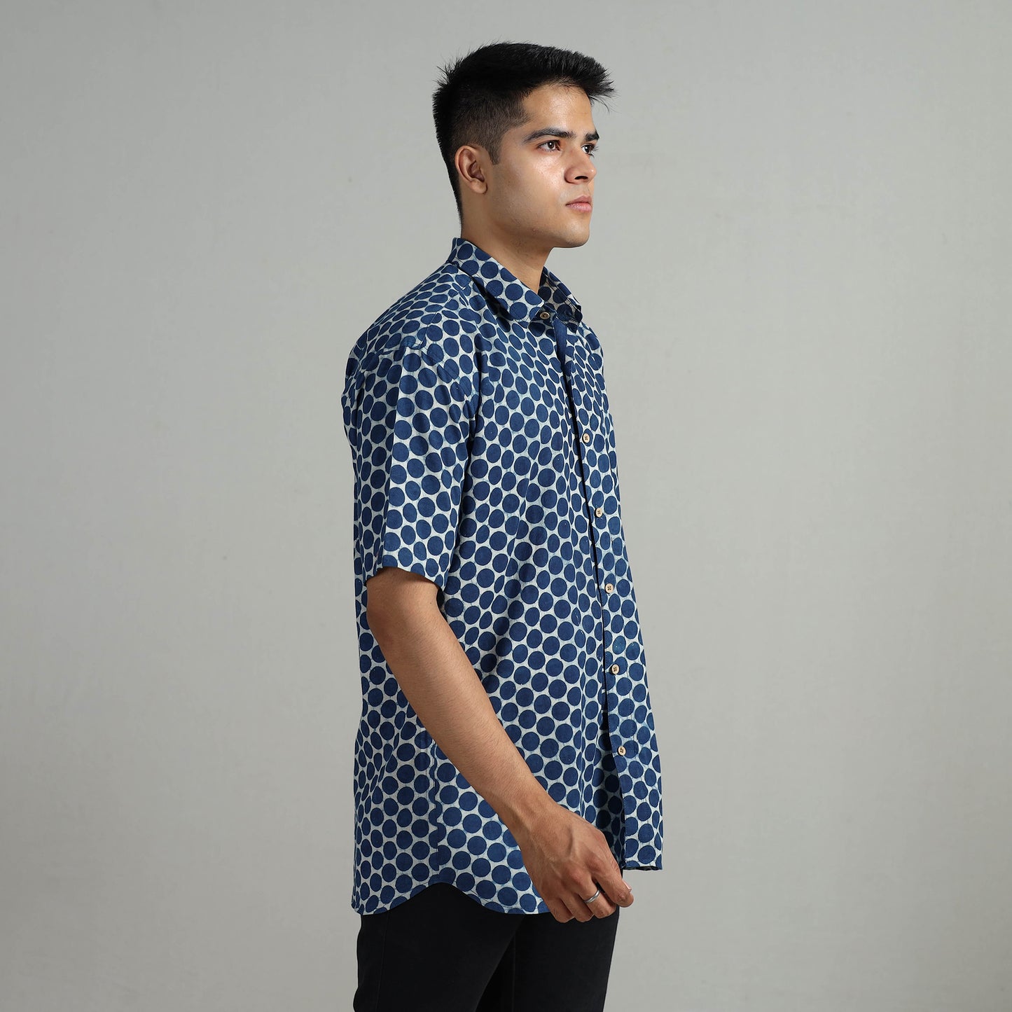 Blue - Indigo Block Printed Cotton Men Half Sleeve Shirt 03