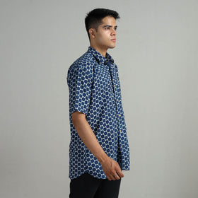 Blue - Indigo Block Printed Cotton Men Half Sleeve Shirt 03