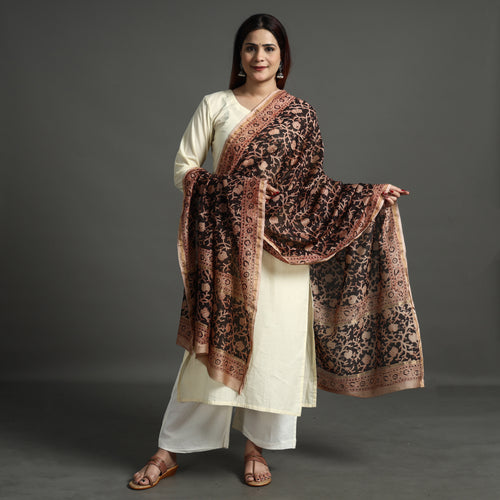 Black - Pedana Kalamkari Block Printed Handloom Chanderi Silk Dupatta with Zari Border 70