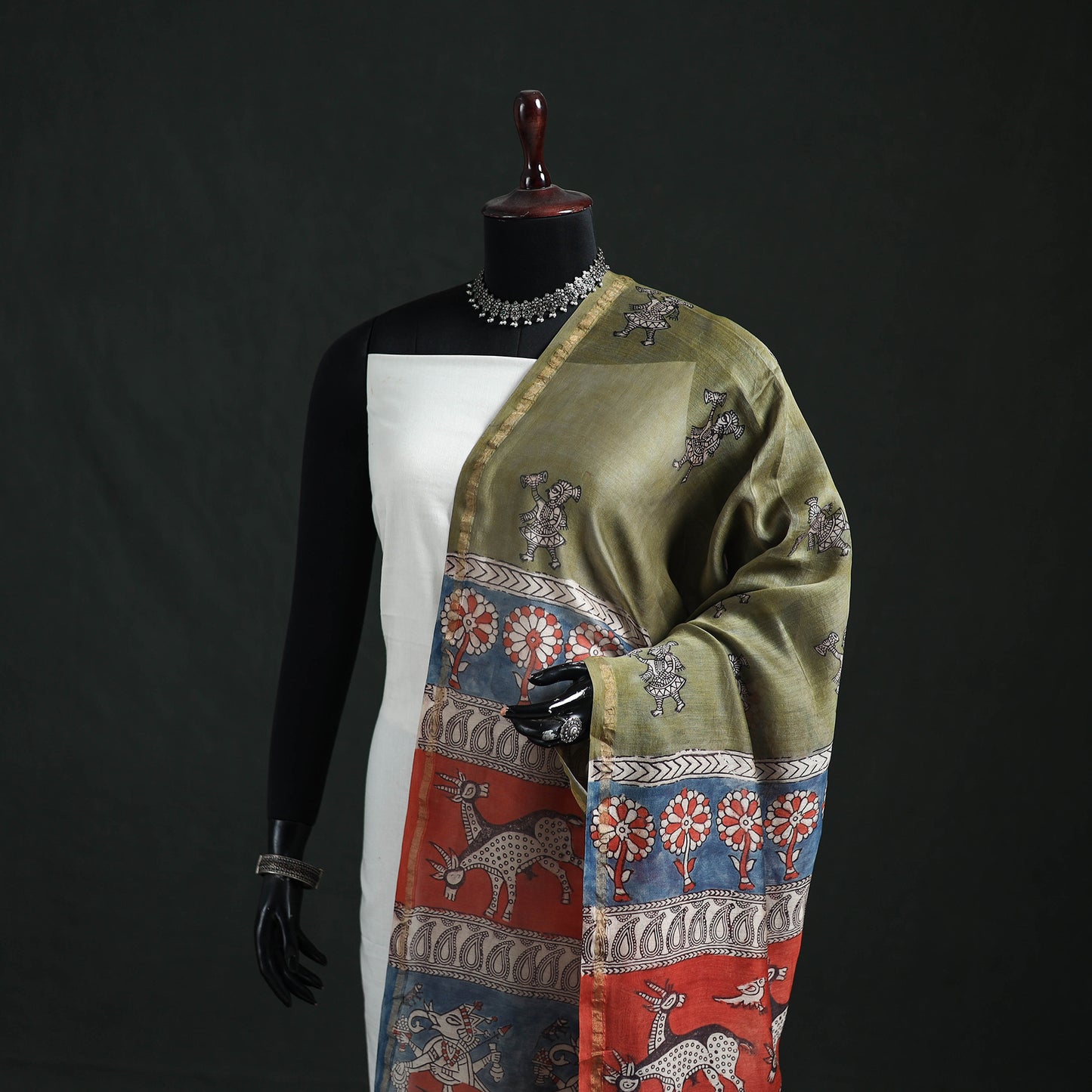 Multicolor - Mata Ni Pachedi Handpainted Natural Dyed Chanderi Silk Handloom Dupatta 05