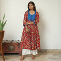 Red - Kalamkari Printed Cotton A-Line Long Kurta with Patchwork 70