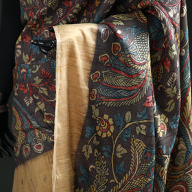 Pure Handloom Desi Tussar Silk Handpainted Srikalahasti Pen Kalamkari Saree with Zari Border 11