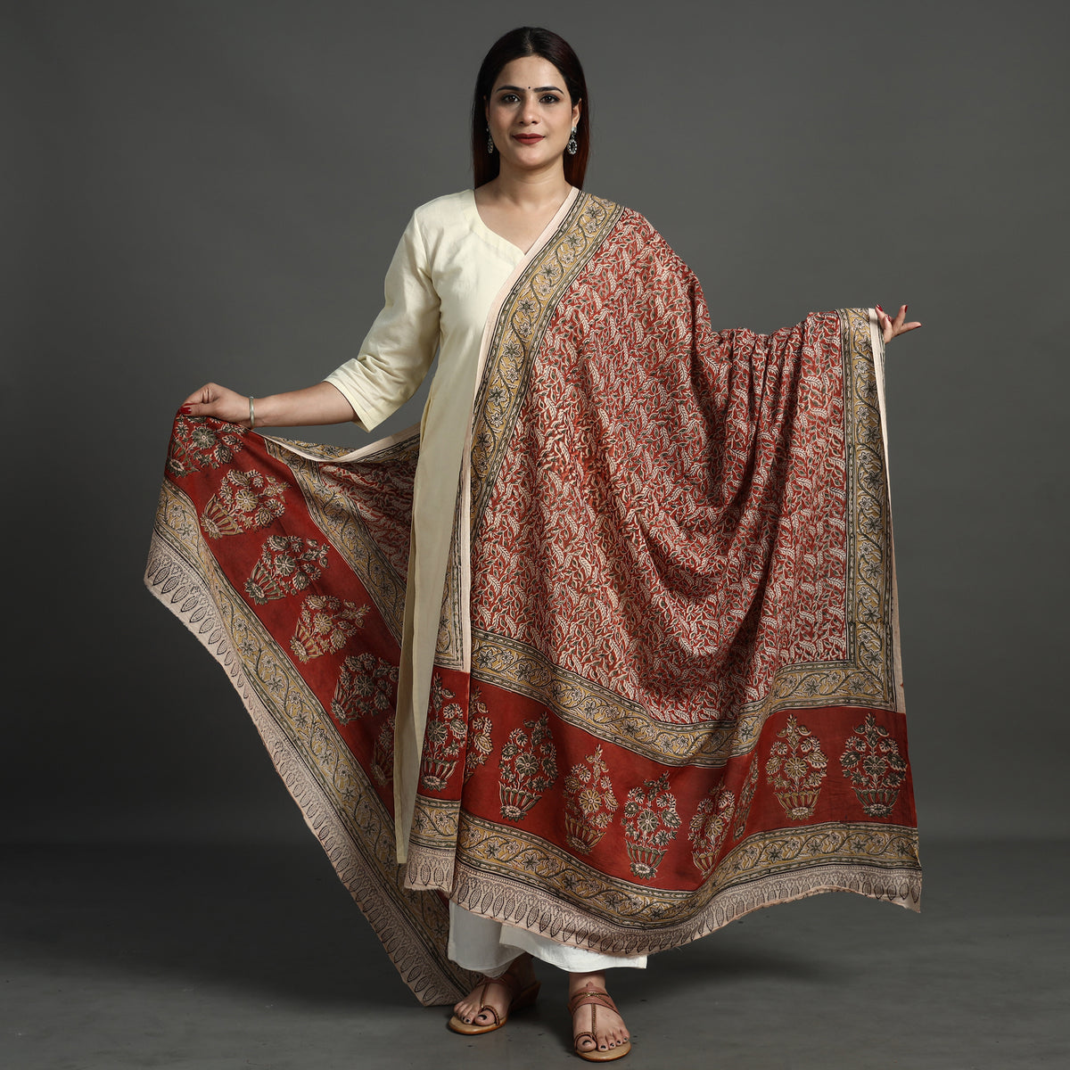 Red - Pedana Kalamkari Block Printed Natural Dyed Cotton Dupatta 158