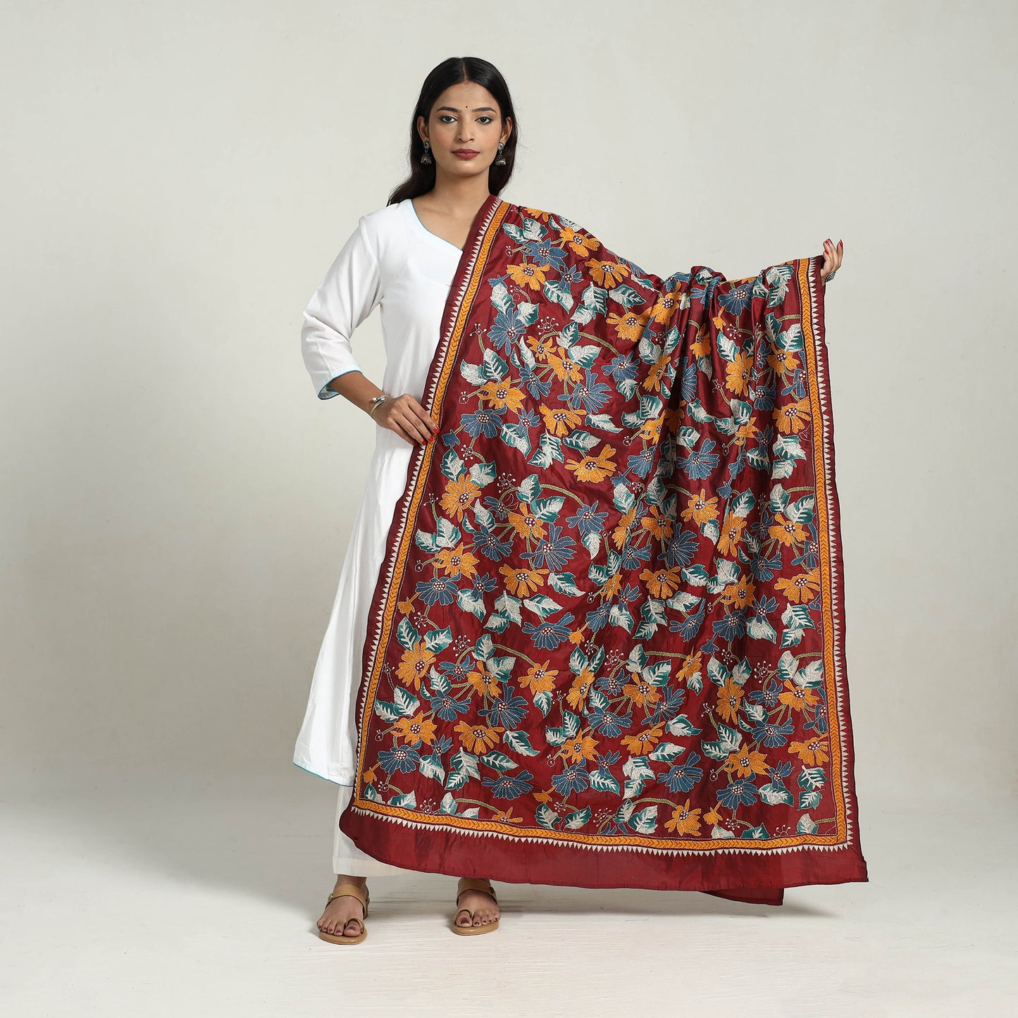 Maroon - Pure Silk Bengal Kantha Embroidery Dupatta 26