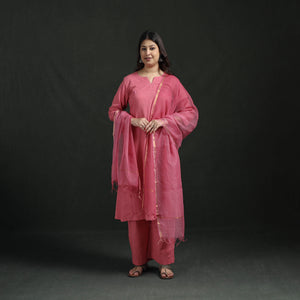 Pink - Plain Slub Cotton Hand Embroidered Suit Set with Dupatta for women 03