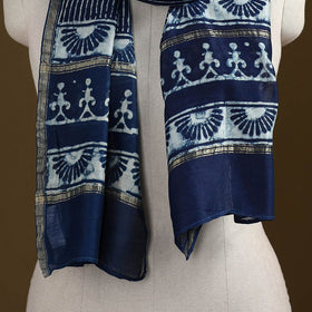 Blue - Pipad Hand Block Print Natural Dyed Chanderi Silk Handloom Stole 33