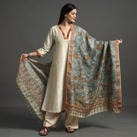  Pure Tussar Silk Pen Work Srikalahasti Kalamkari Dupatta with Dobby Border 