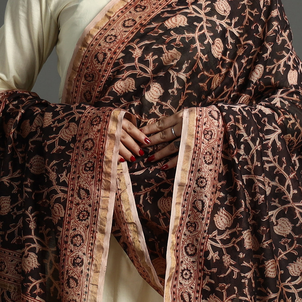 Black - Pedana Kalamkari Block Printed Handloom Chanderi Silk Dupatta with Zari Border 70