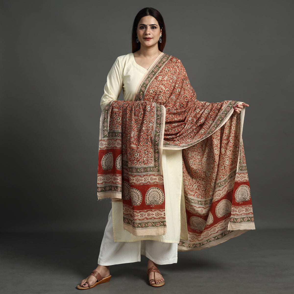 Red - Pedana Kalamkari Block Printed Natural Dyed Cotton Dupatta 159