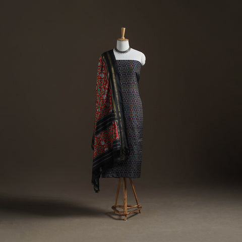 Black - Pochampally Ikat Handloom Sico Unstitched Dress Material: Kurta with Mulberry Silk Dupatta 35