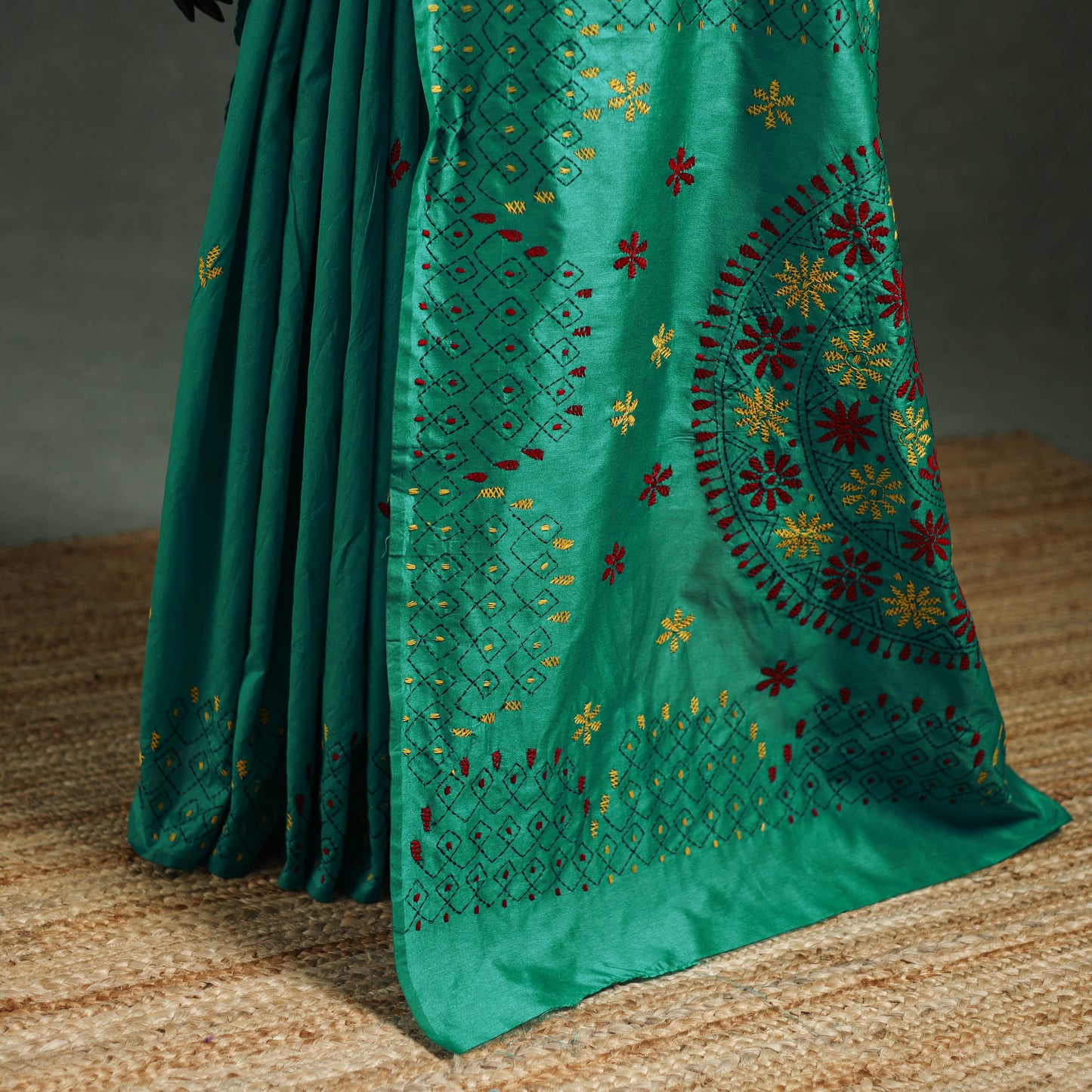 Green - Bengal Nakshi Kantha Hand Embroidered Silk Saree 55