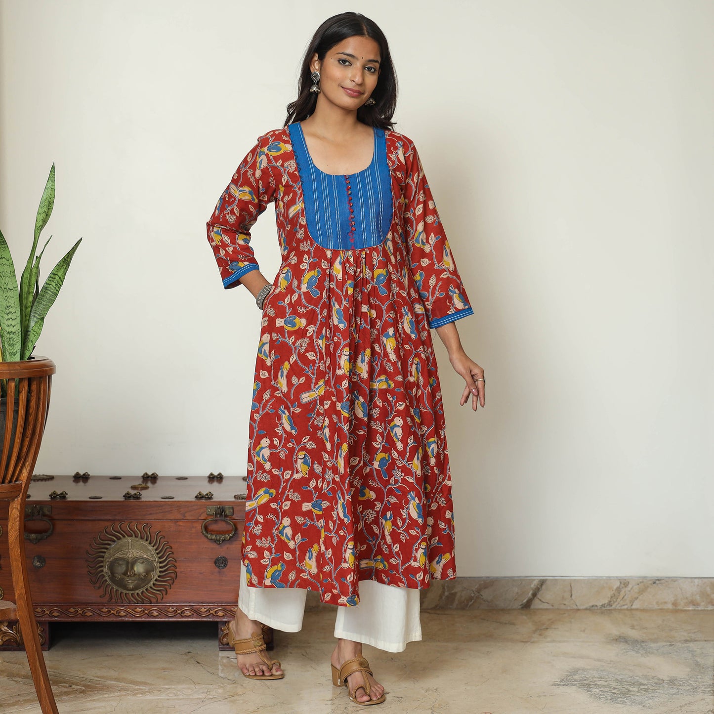 Red - Kalamkari Printed Cotton A-Line Long Kurta with Patchwork 70