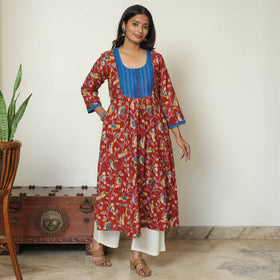 Red - Kalamkari Printed Cotton A-Line Long Kurta with Patchwork 70