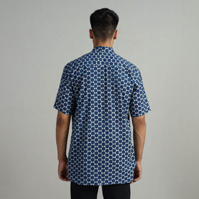 Blue - Indigo Block Printed Cotton Men Half Sleeve Shirt 03