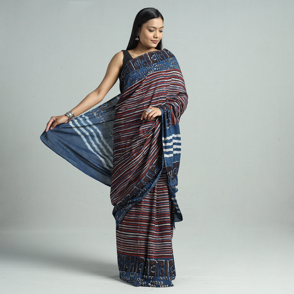 Blue - Bindaas Art Block Printed Natural Dyed Cotton Saree 31