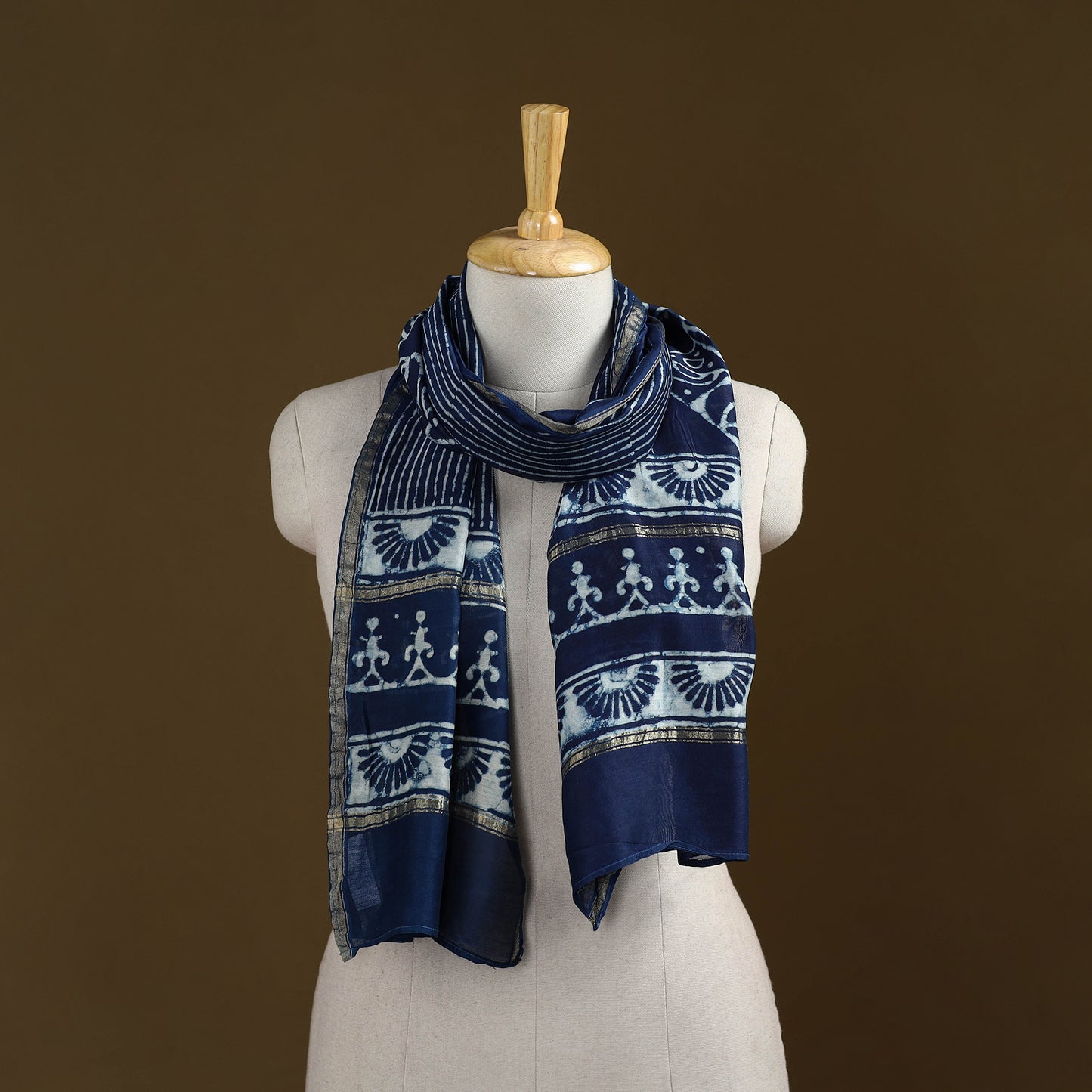 Blue - Pipad Hand Block Print Natural Dyed Chanderi Silk Handloom Stole 33