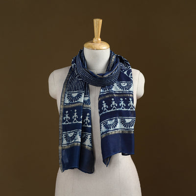 Blue - Pipad Hand Block Print Natural Dyed Chanderi Silk Handloom Stole 33