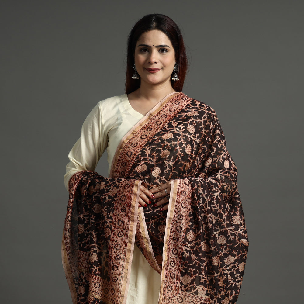 Black - Pedana Kalamkari Block Printed Handloom Chanderi Silk Dupatta with Zari Border 70