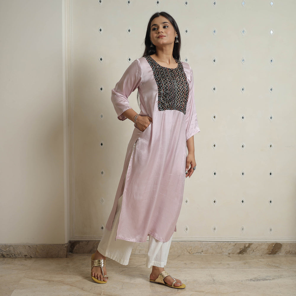 Pink - Plain Modal Silk Straight Kurta with Ajrakh Pintuck Patchwork 01