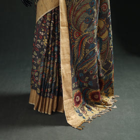 Pure Handloom Desi Tussar Silk Handpainted Srikalahasti Pen Kalamkari Saree with Zari Border 11
