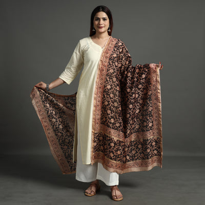 Black - Pedana Kalamkari Block Printed Handloom Chanderi Silk Dupatta with Zari Border 70