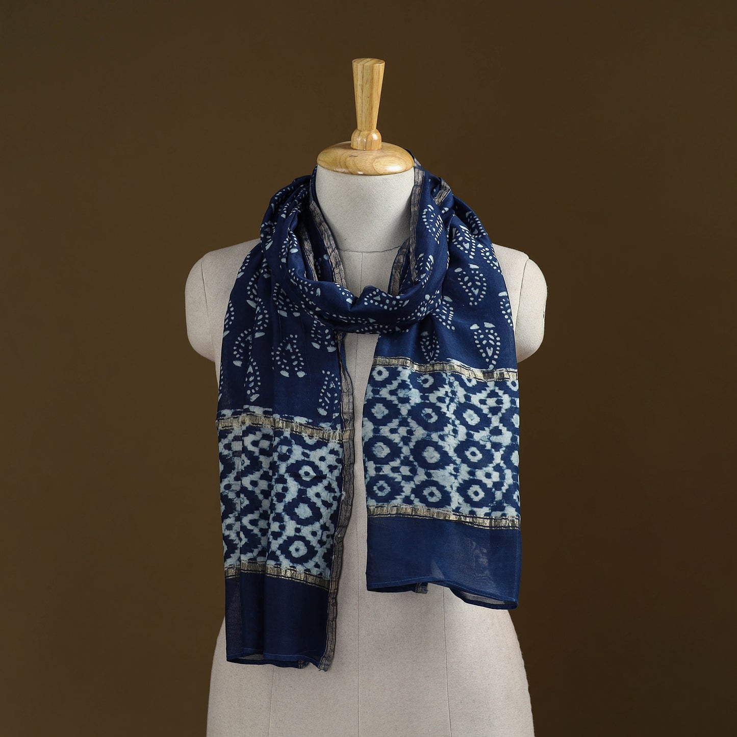 Blue - Pipad Hand Block Print Natural Dyed Chanderi Silk Handloom Stole 34
