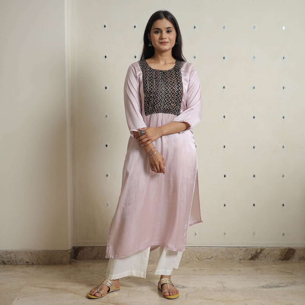 Pink - Plain Modal Silk Straight Kurta with Ajrakh Pintuck Patchwork 01