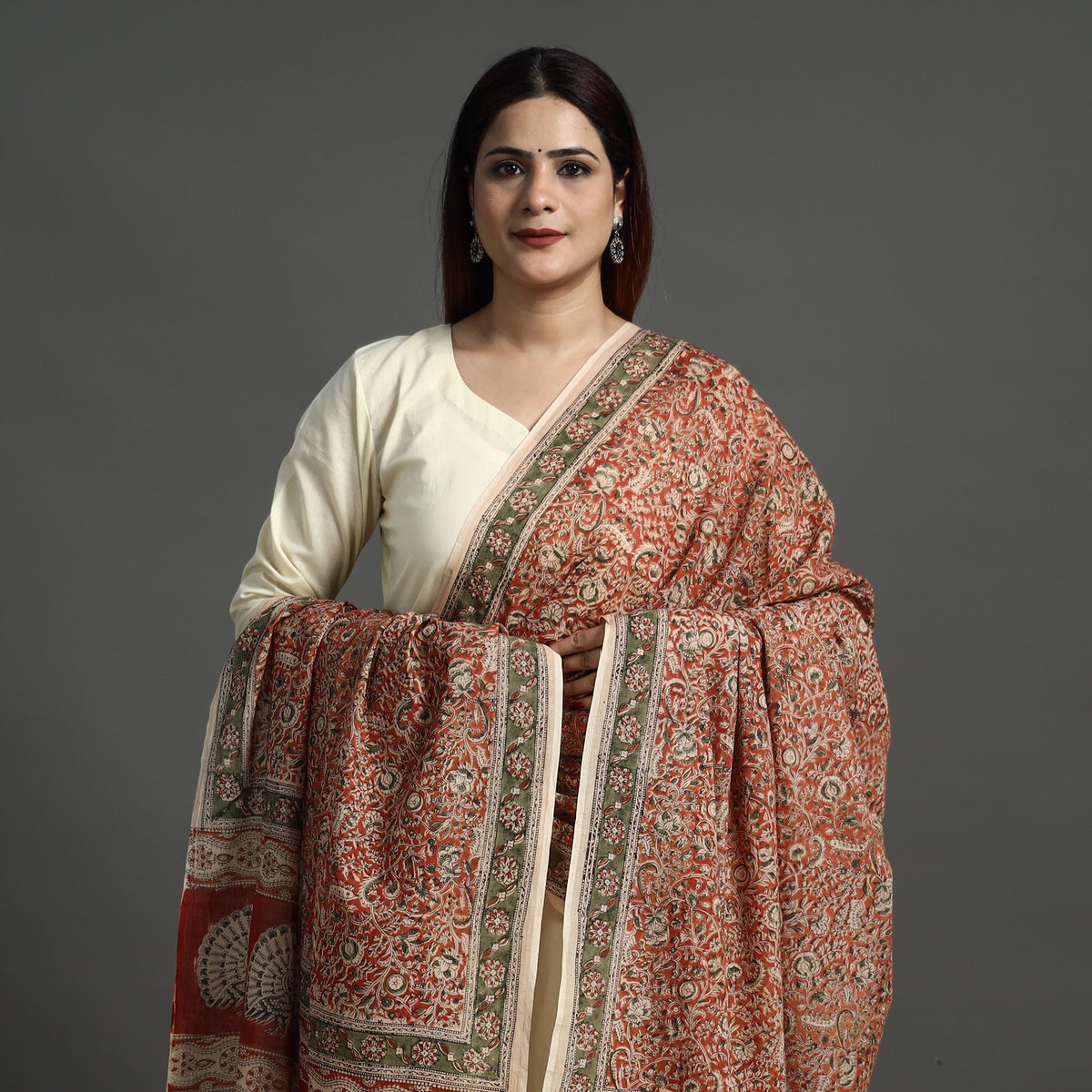 Red - Pedana Kalamkari Block Printed Natural Dyed Cotton Dupatta 159