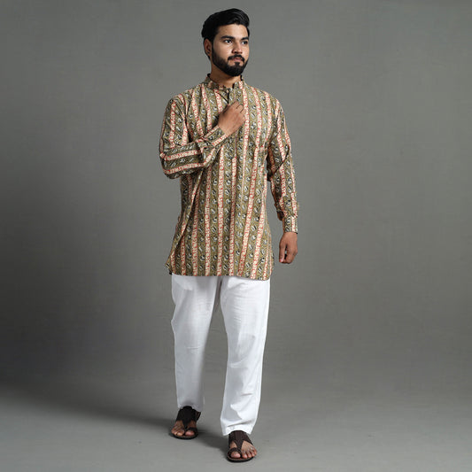 Moss Green - Kalamkari Block Printed Cotton Men Short Kurta