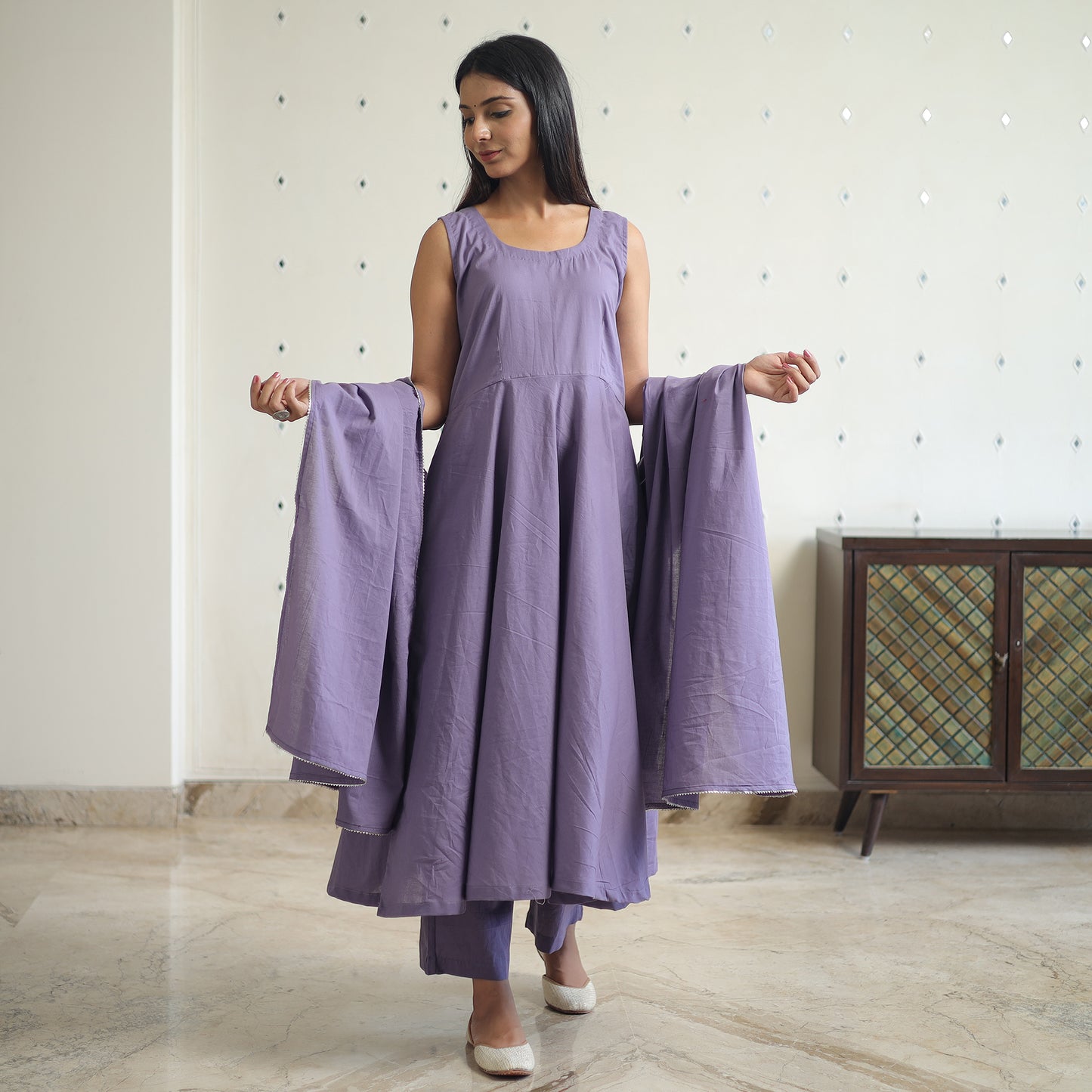 Shuchi Light Purple Cotton Flared Kurta with Palazzo & Dupatta Set