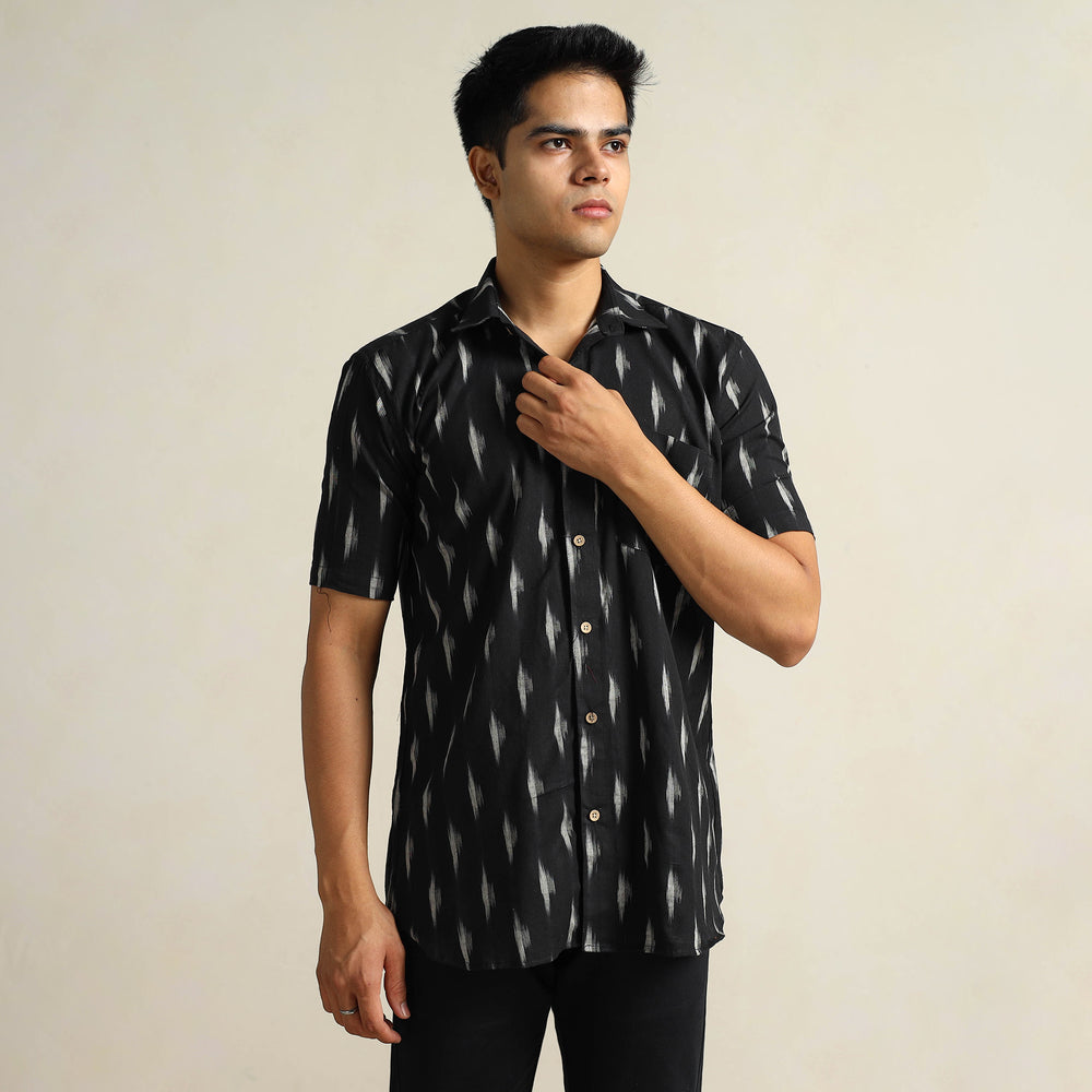 Black - Pochampally Ikat Weave Cotton Men Half Sleeve Shirt 14