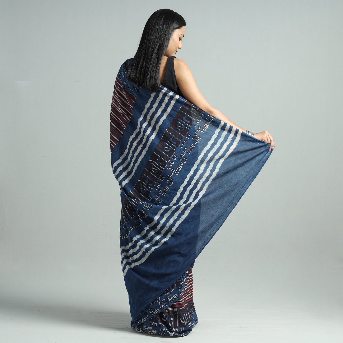 Blue - Bindaas Art Block Printed Natural Dyed Cotton Saree 31