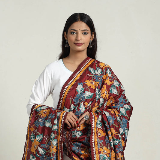 Maroon - Pure Silk Bengal Kantha Embroidery Dupatta 26