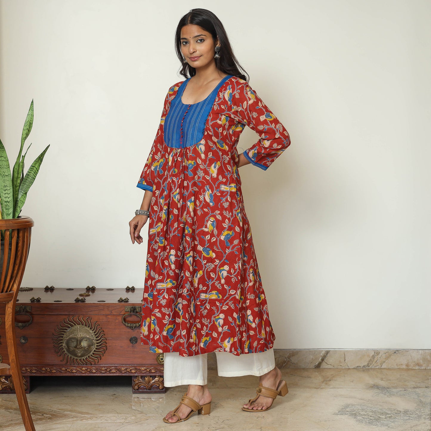 Red - Kalamkari Printed Cotton A-Line Long Kurta with Patchwork 70
