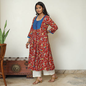 Red - Kalamkari Printed Cotton A-Line Long Kurta with Patchwork 70