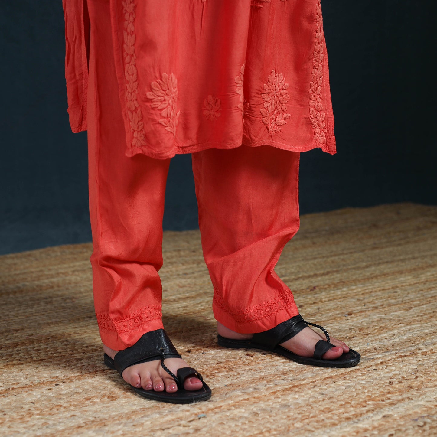 Red - Hand Embroidered Muslin Chikankari Kurta with Pant Set for Women 24