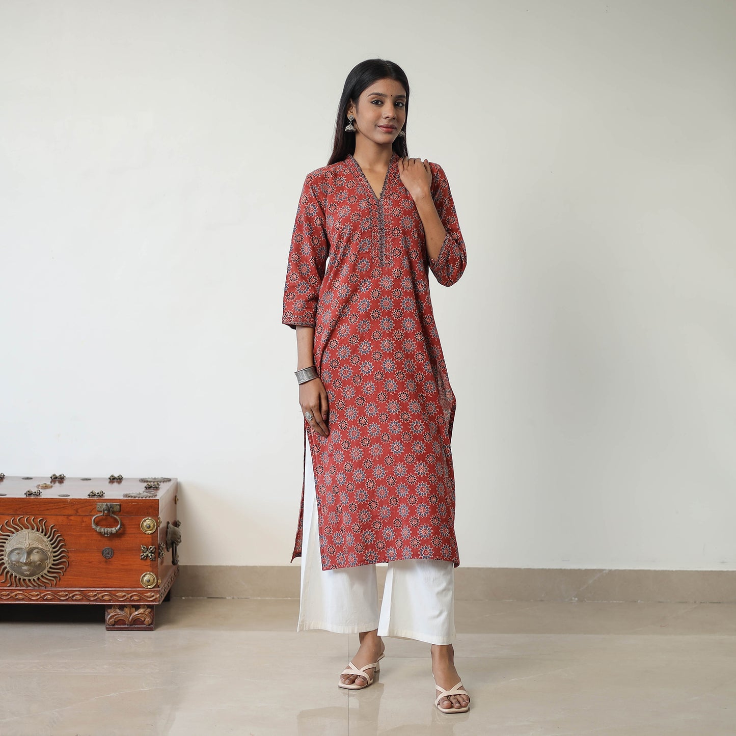 Red - Block Printed Cotton Straight Ajrakh Kurta 23