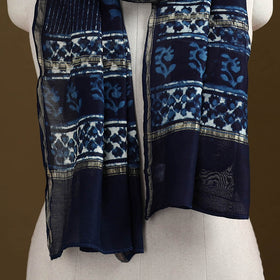 Blue - Pipad Hand Block Print Natural Dyed Chanderi Silk Handloom Stole 35