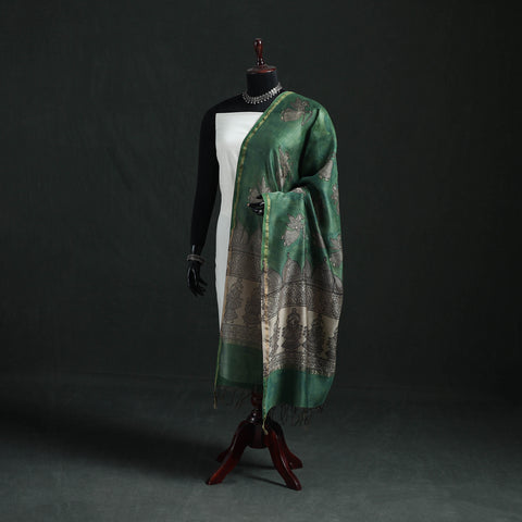 Green - Mata Ni Pachedi Handpainted Natural Dyed Chanderi Silk Handloom Dupatta 06